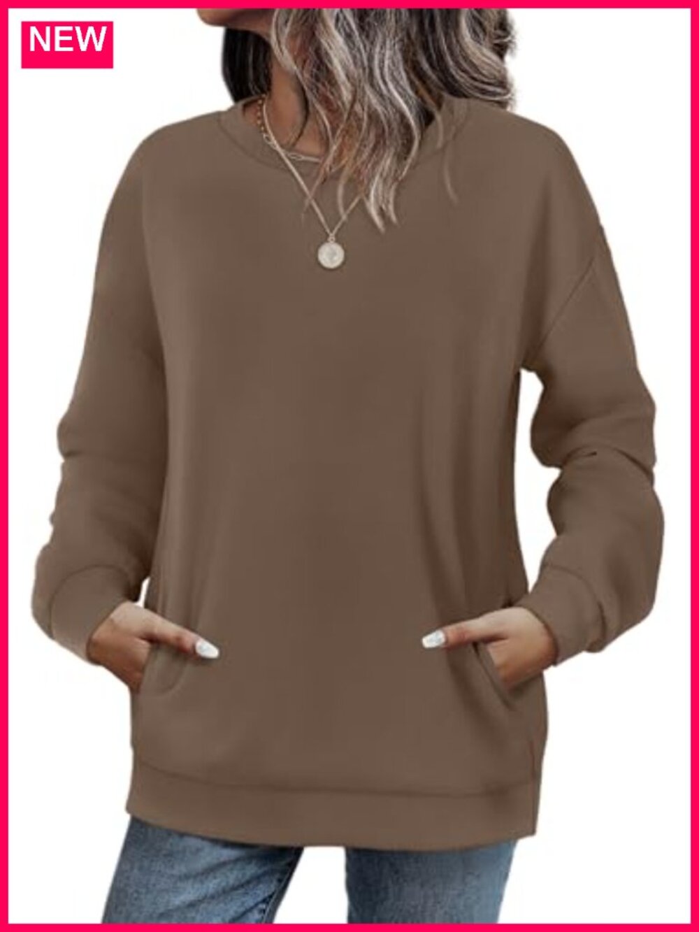Womens Crewneck Sweatshirt with Pockets Long Sleeve Pullover Top